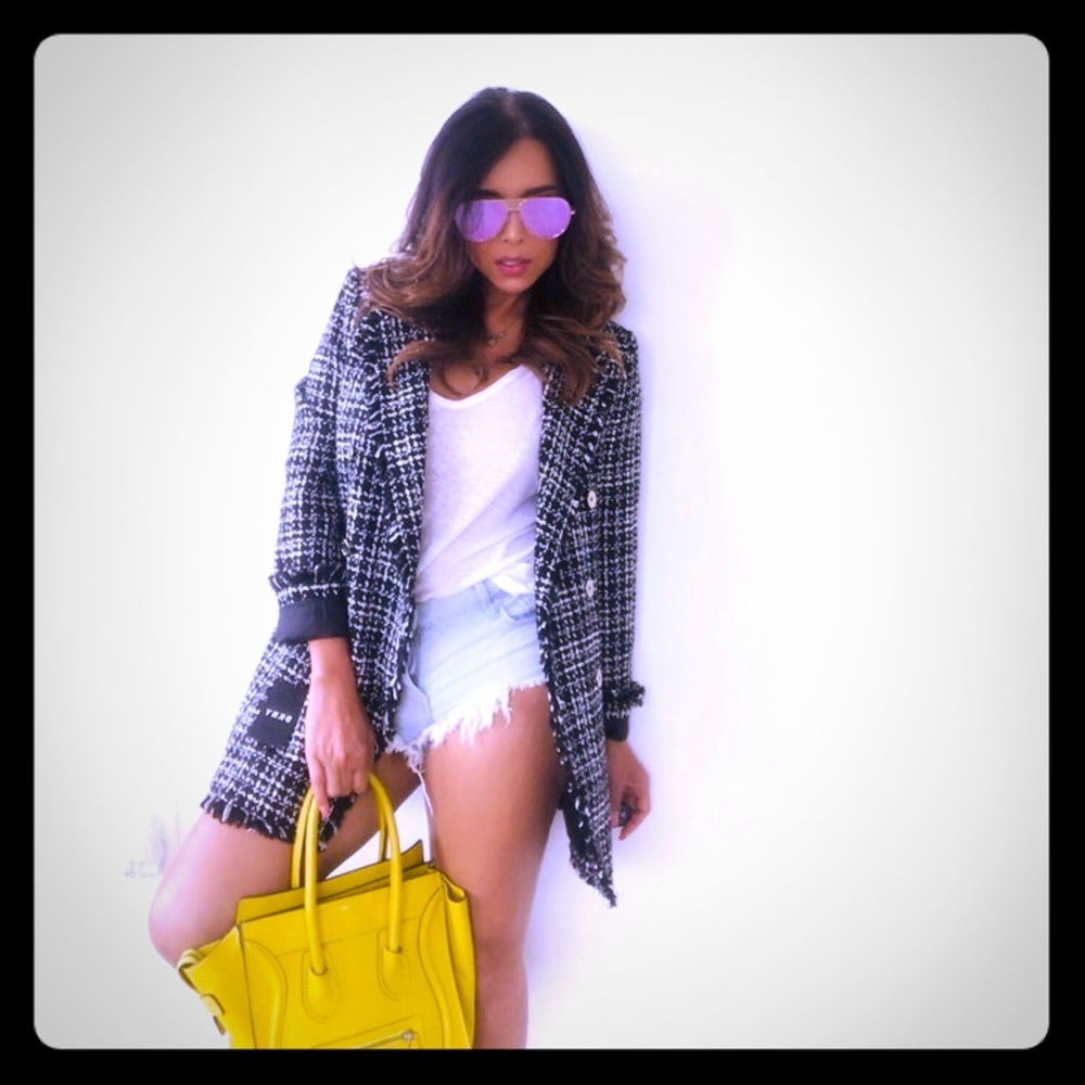 DKNY Oversized Fringe-trim Tweed Blazer Jacket